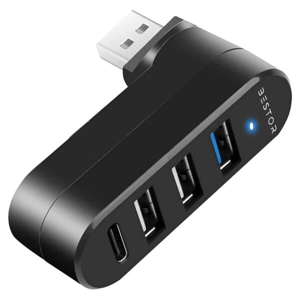 4-Port USB 3.0 Hub, Rotatable 90°/180° USB Splitter with 3 USB Ports & 1 USB-C Power/Data Port, USB Extender for Laptop, MacBook, iMac, Mac Pro, and More